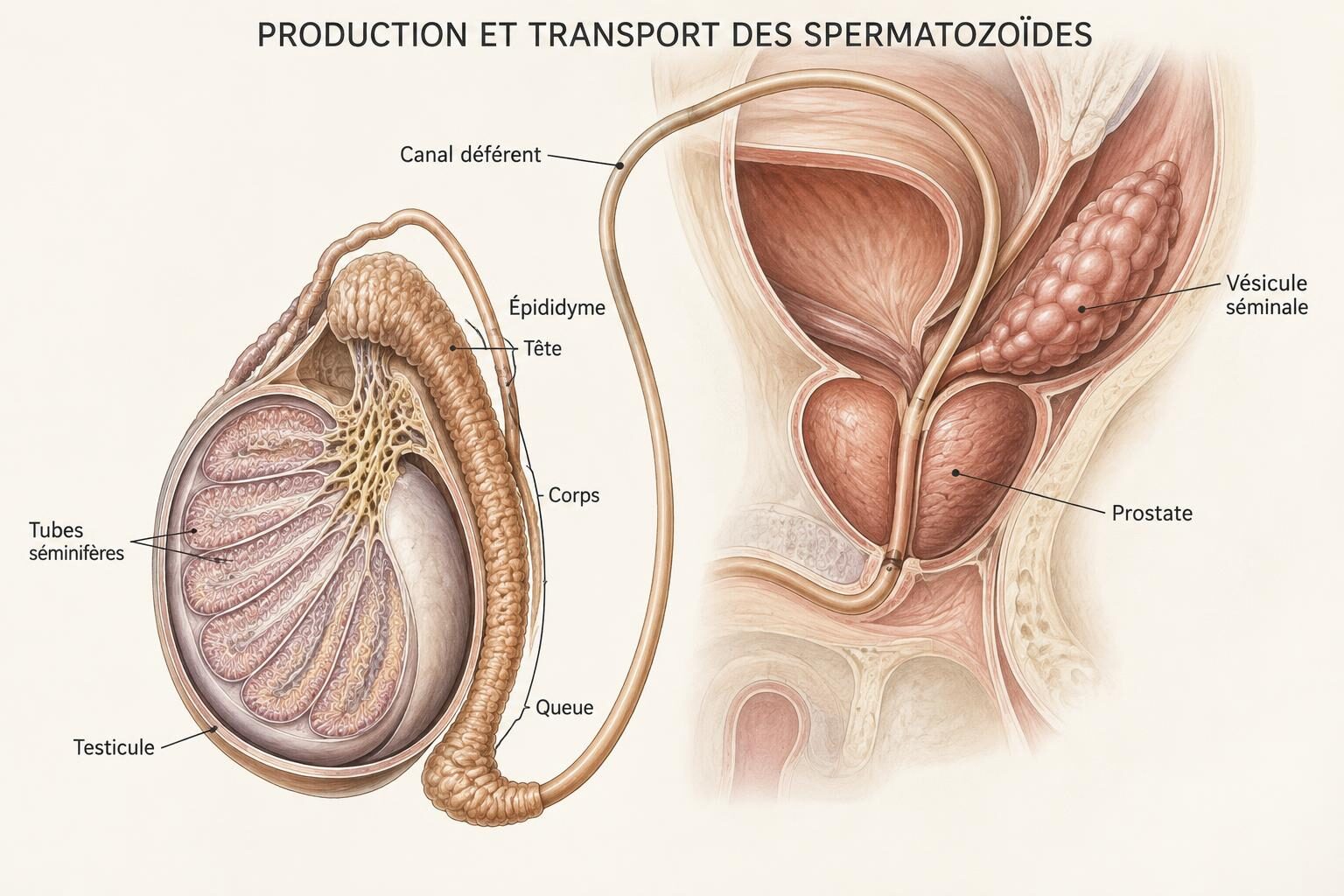 Planche anatomique de l'appareil reproducteur masculin : testicule en coupe montrant les tubes séminifères, épididyme avec sa tête, son corps et sa queue, canal déférent remontant vers la vésicule séminale et la prostate.