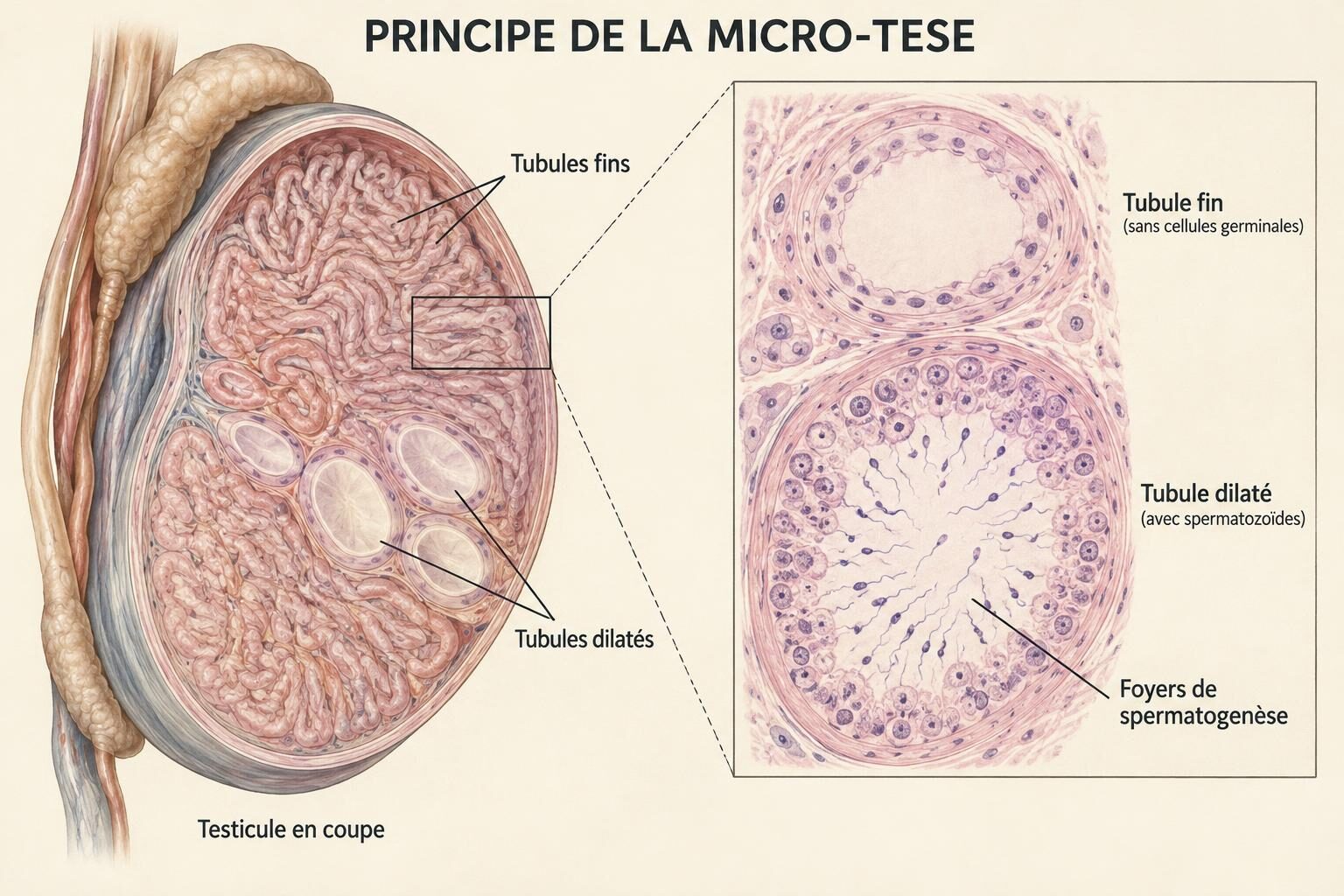 Planche anatomique d'un testicule en coupe montrant de nombreux tubules fins et quelques tubules dilatés, avec un agrandissement comparant un tubule fin sans cellules germinales et un tubule dilaté contenant des spermatozoïdes.