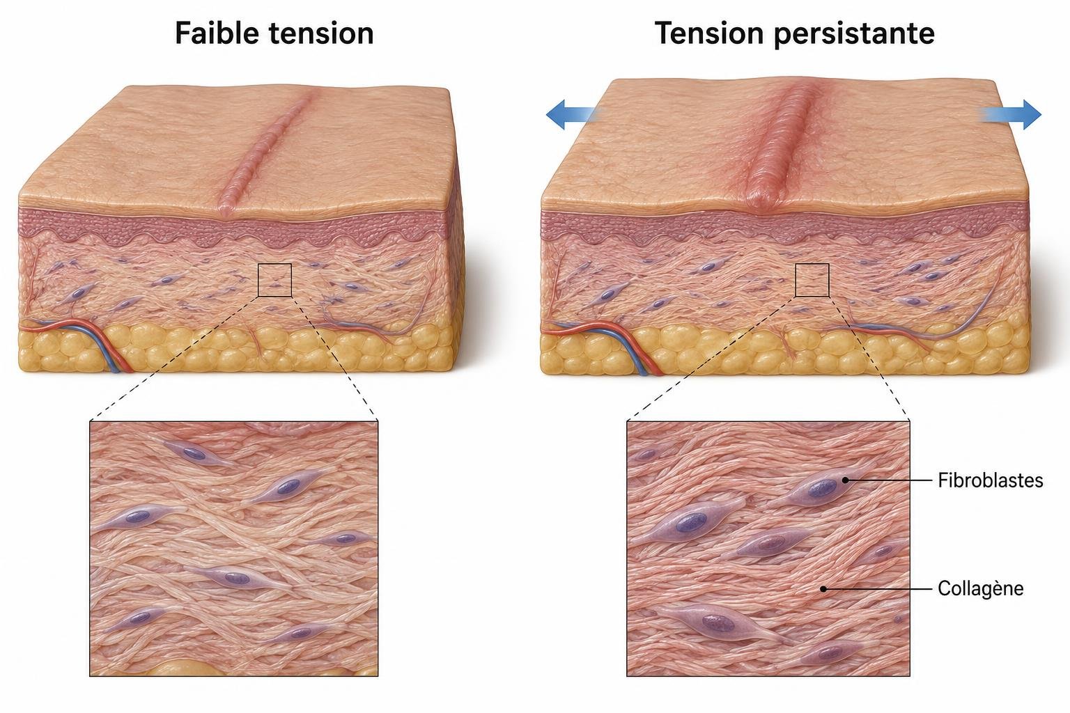 Comparaison de deux coupes cutanées : faible tension à gauche et traction persistante à droite, avec fibroblastes et collagène dermique.