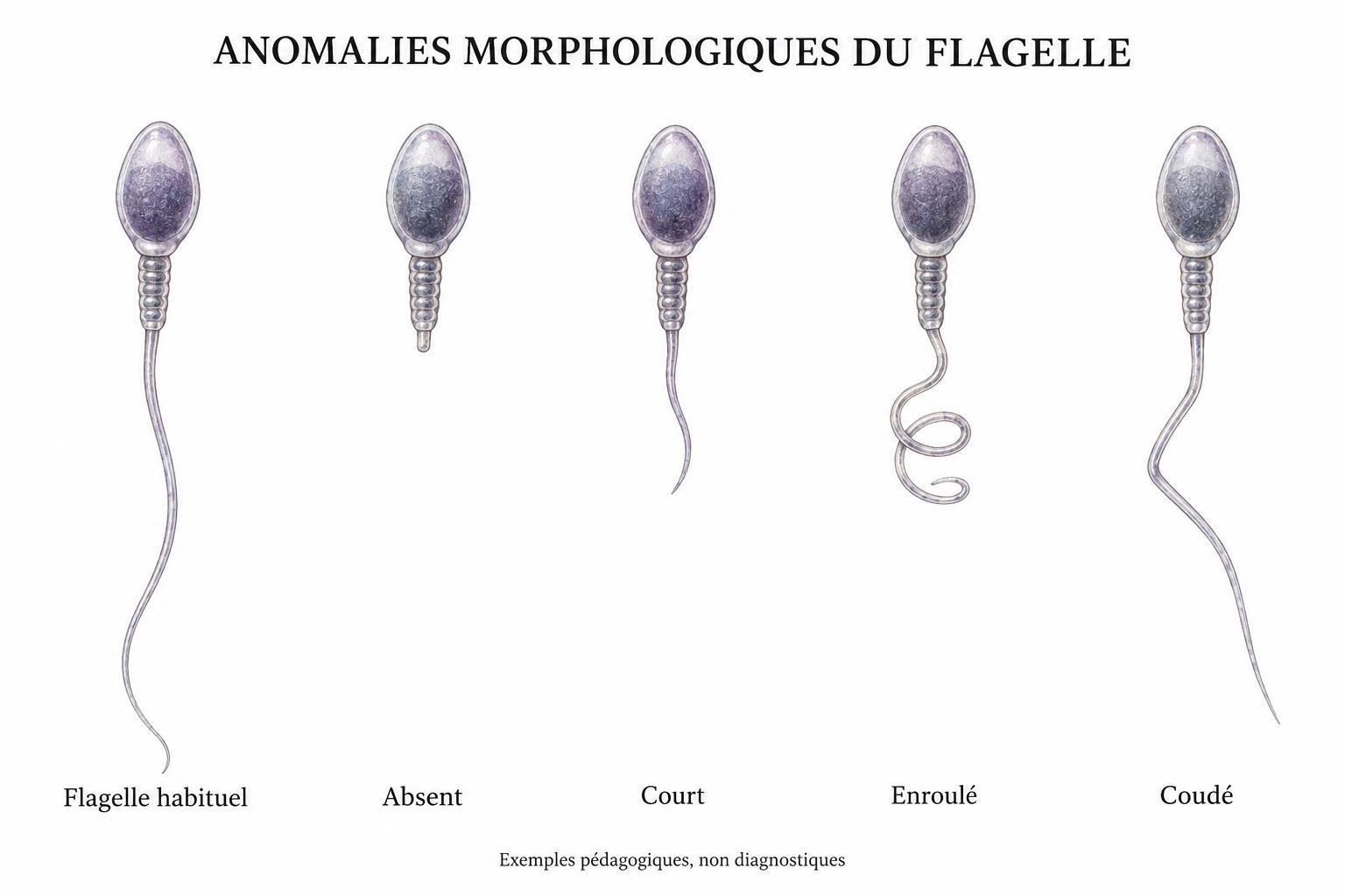 Exemples illustrés de flagelles habituel, absent, court, enroulé et coudé.