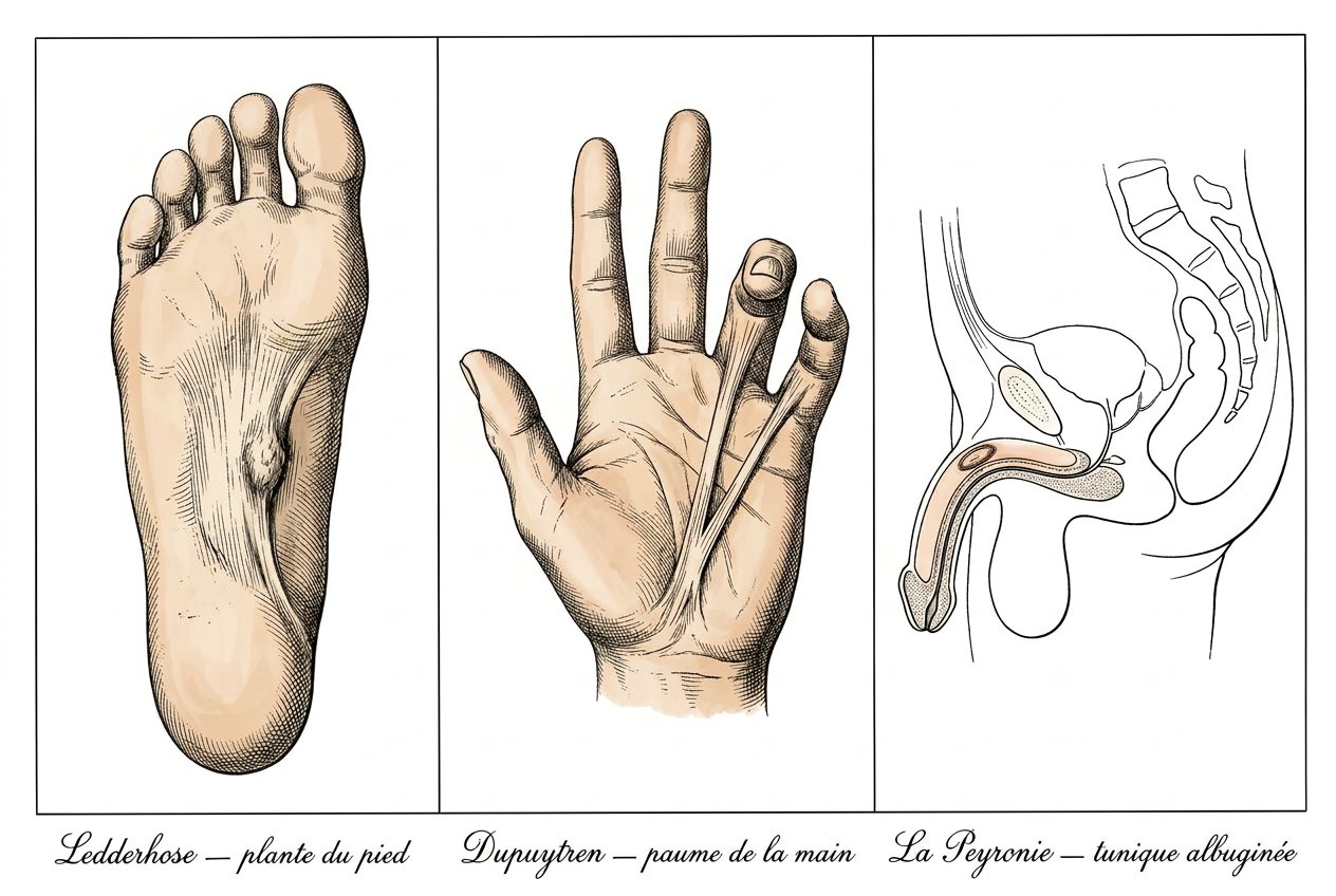 Planche comparative des trois fibromatoses superficielles : plante du pied, paume de la main et tunique albuginée.