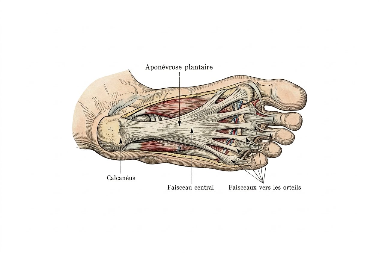 Planche anatomique de la plante du pied montrant l’aponévrose plantaire, du calcanéus vers les orteils ; illustration de style atlas médical, non photographie de patient.
