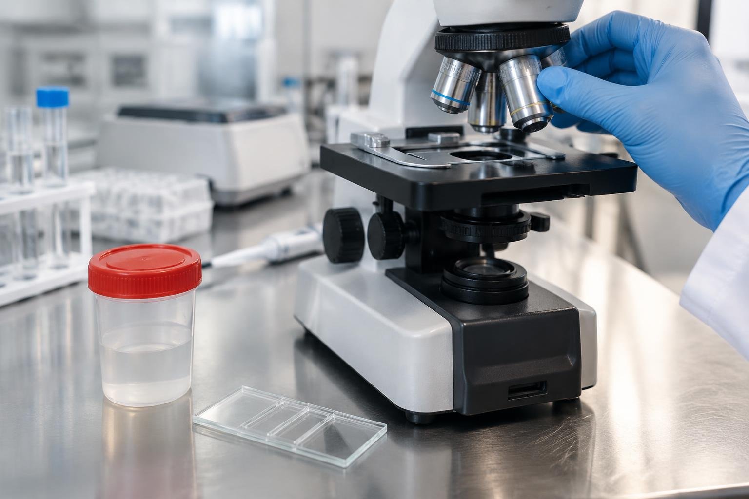 Illustration réaliste d'un laboratoire : microscope optique, chambre de comptage et flacon de recueil sur une paillasse.