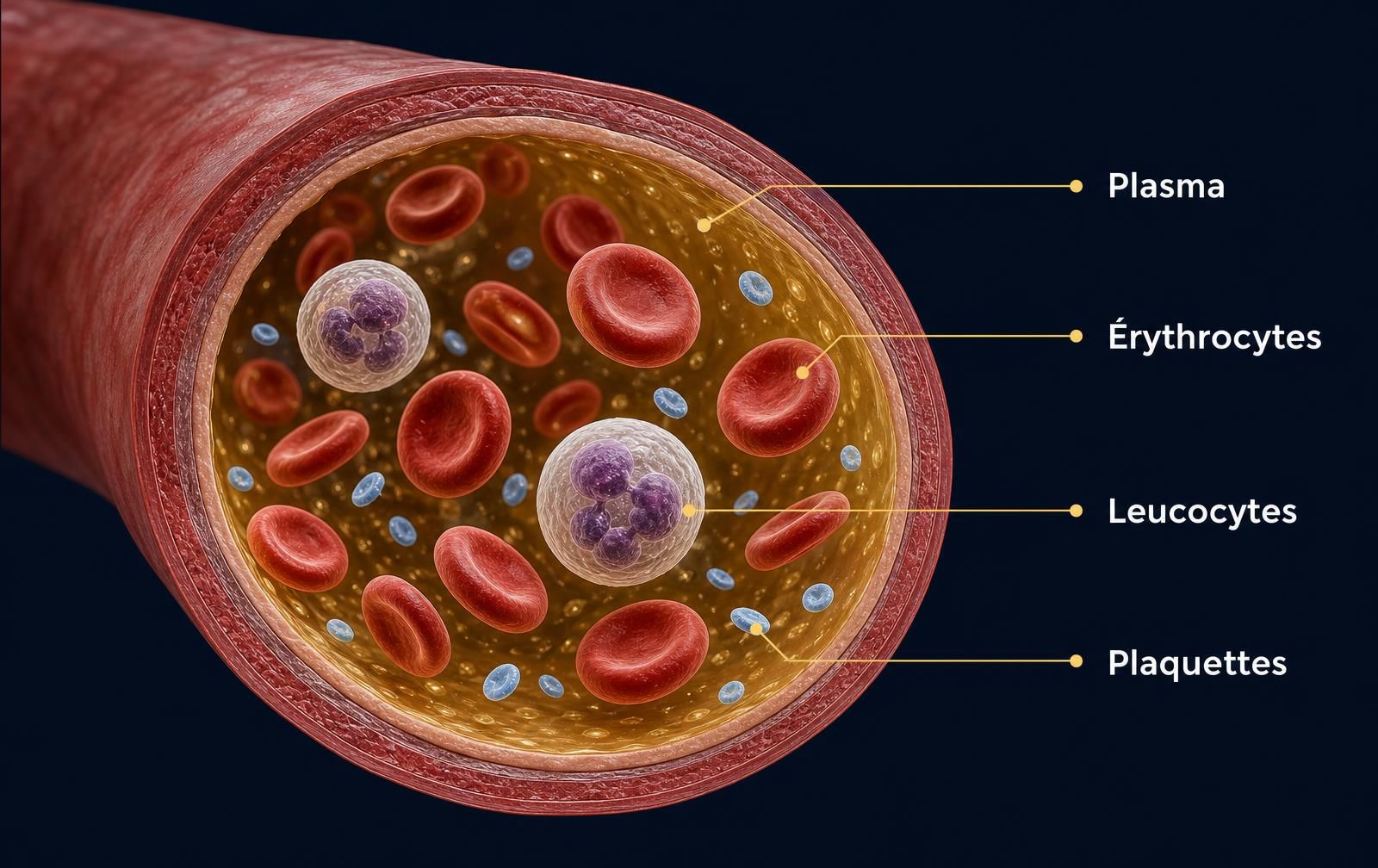 Illustration médicale de la composition du sang : plasma, globules rouges, globules blancs et plaquettes représentés à l'échelle relative.