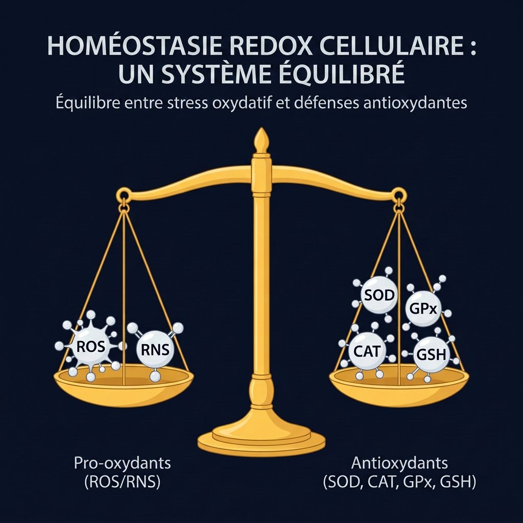 Balance redox : équilibre entre espèces réactives (ROS/RNS) et défenses antioxydantes (SOD, GPx, CAT, GSH)