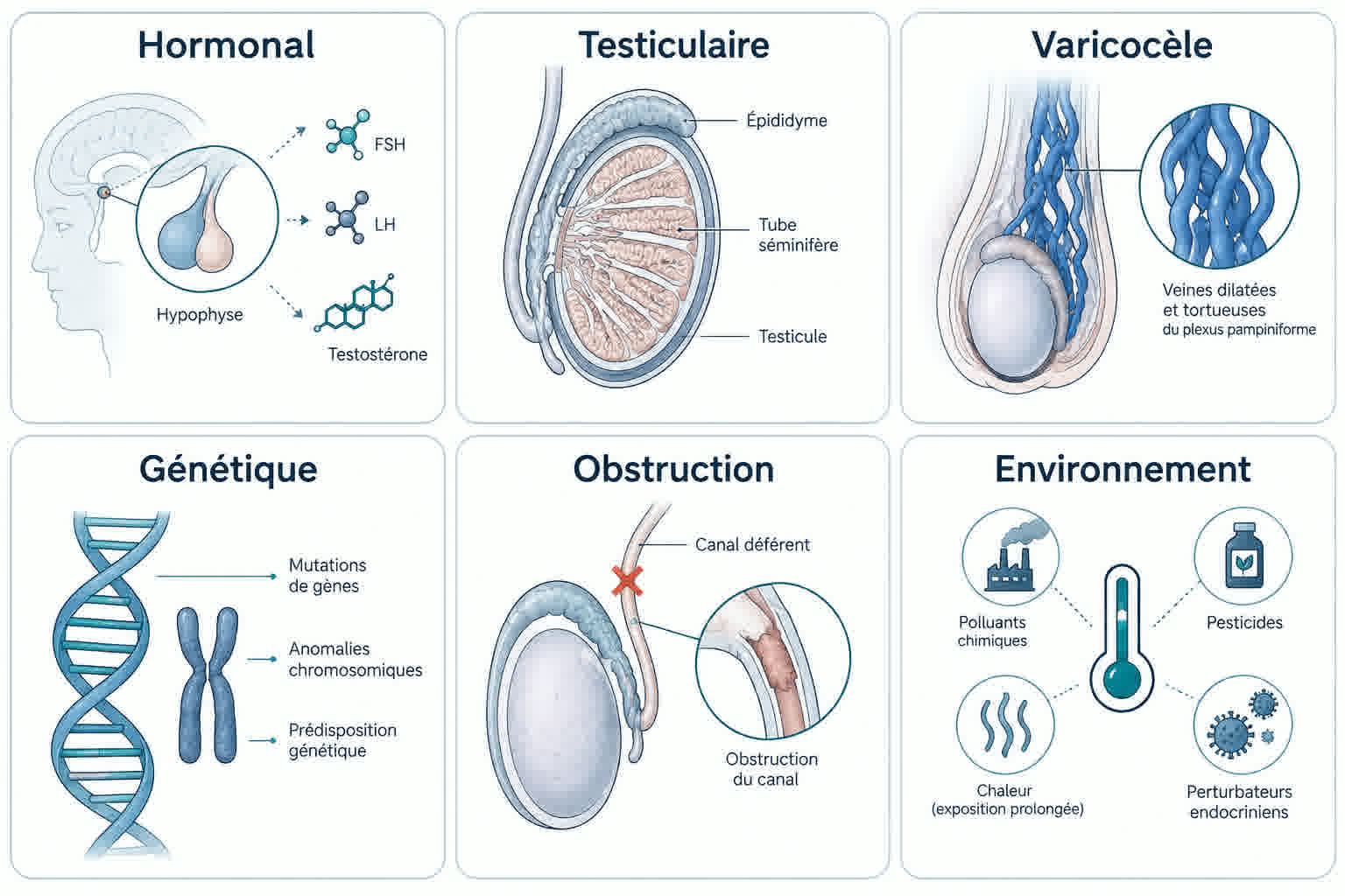 Infographie en six panneaux présentant les grandes familles de causes d'infertilité masculine : hormonales, testiculaires, varicocèle, génétiques, obstructives et environnementales.