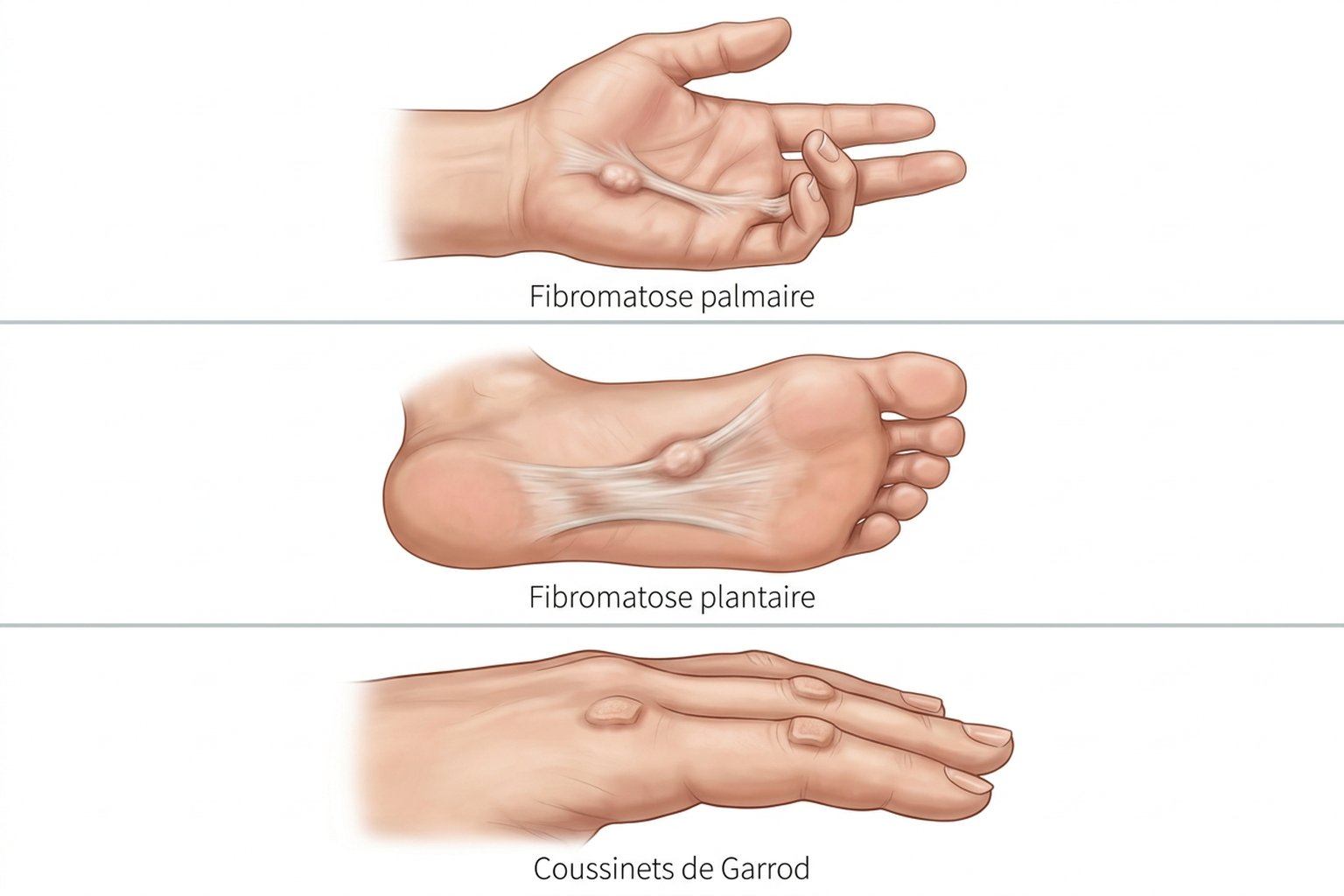 Trois planches anatomiques : fibromatose palmaire avec cordon, fibromatose plantaire avec nodule et coussinets de Garrod sur les doigts.