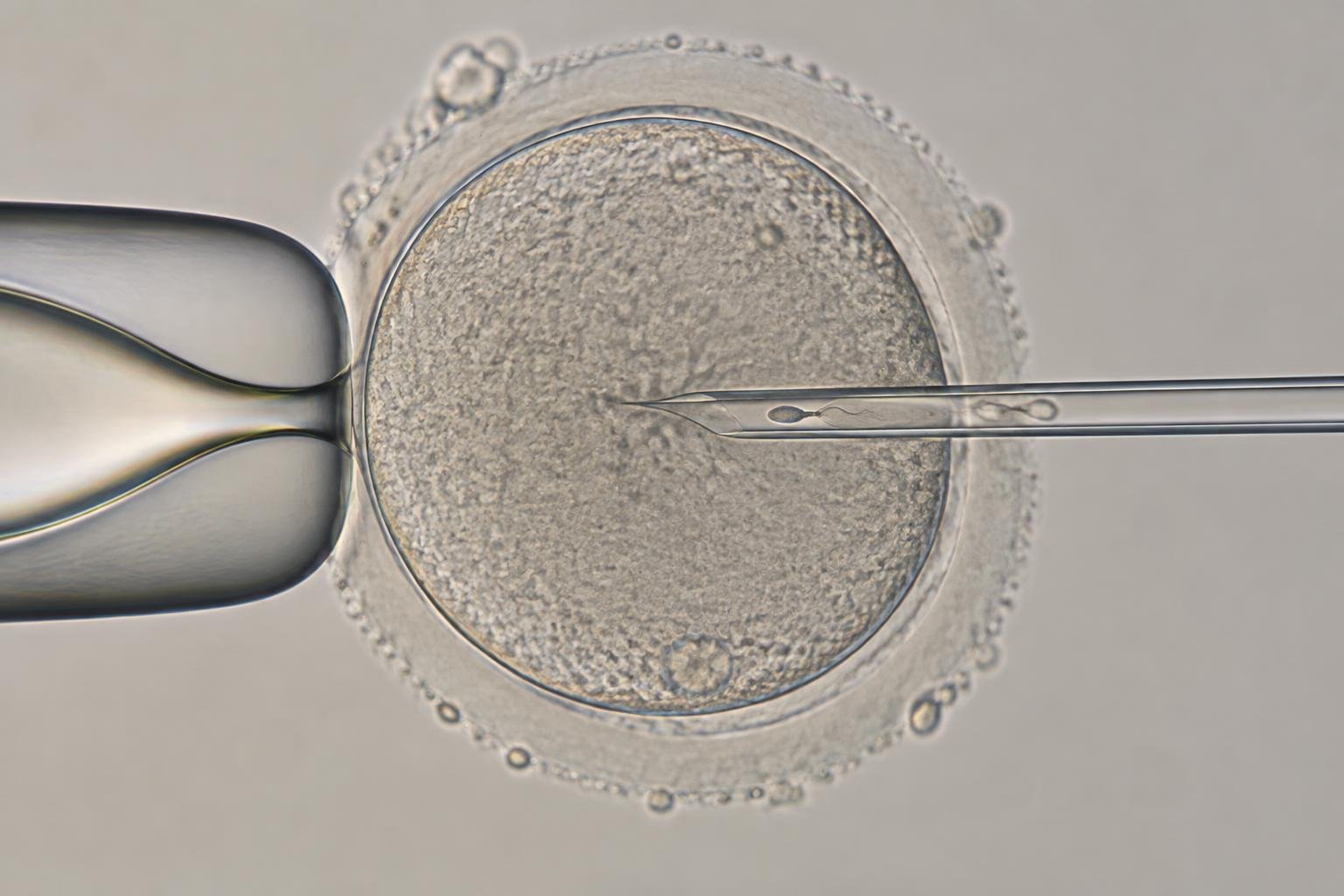 Illustration de l'ICSI : ovocyte maintenu par une pipette à gauche, micropipette injectant un spermatozoïde à droite.