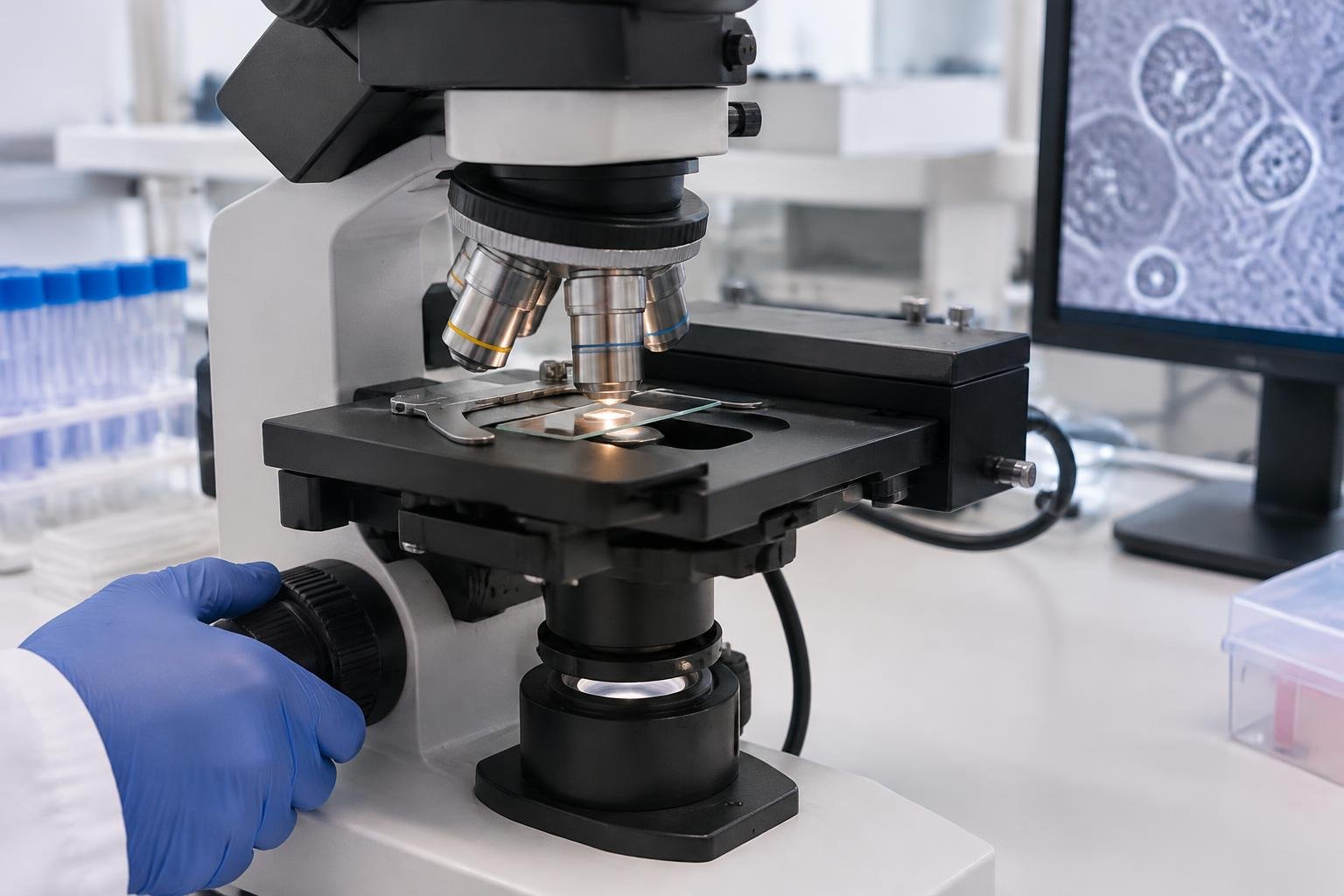 Illustration réaliste d'un microscope de laboratoire avec lame sur platine et réglage par une main gantée.