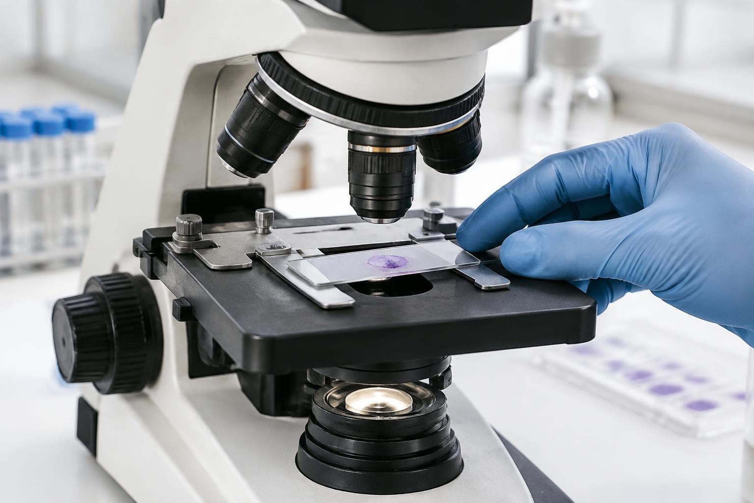 Illustration réaliste d’un microscope et d’une lame colorée réglée par une main gantée.