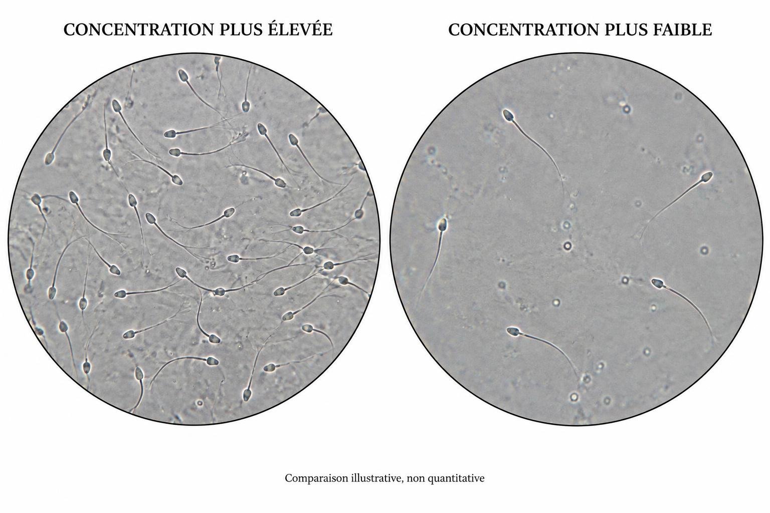 Deux champs microscopiques illustratifs de même taille, avec une population de spermatozoïdes plus dense à gauche et plus clairsemée à droite.