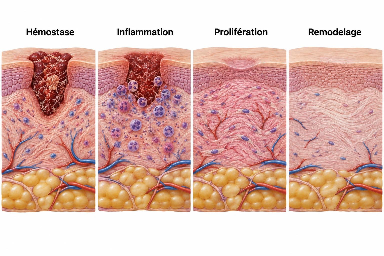 Quatre coupes cutanées illustrant hémostase, inflammation, prolifération et remodelage, avec épiderme, derme et tissu graisseux.
