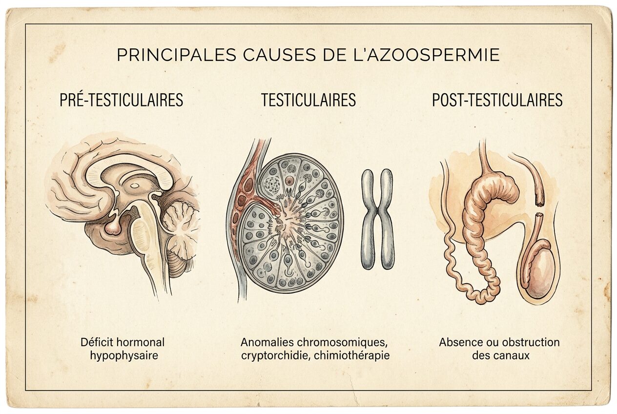 Planche en trois colonnes : causes pré-testiculaires avec l'hypophyse, causes testiculaires avec une coupe de tube séminifère et un chromosome, causes post-testiculaires avec un canal interrompu.