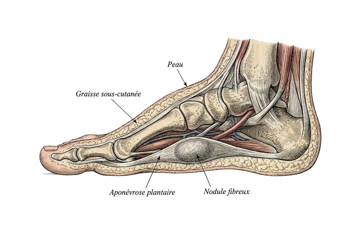 Coupe anatomique de la plante du pied montrant un nodule fibreux au sein de l’aponévrose plantaire, sous la peau et la graisse sous-cutanée.