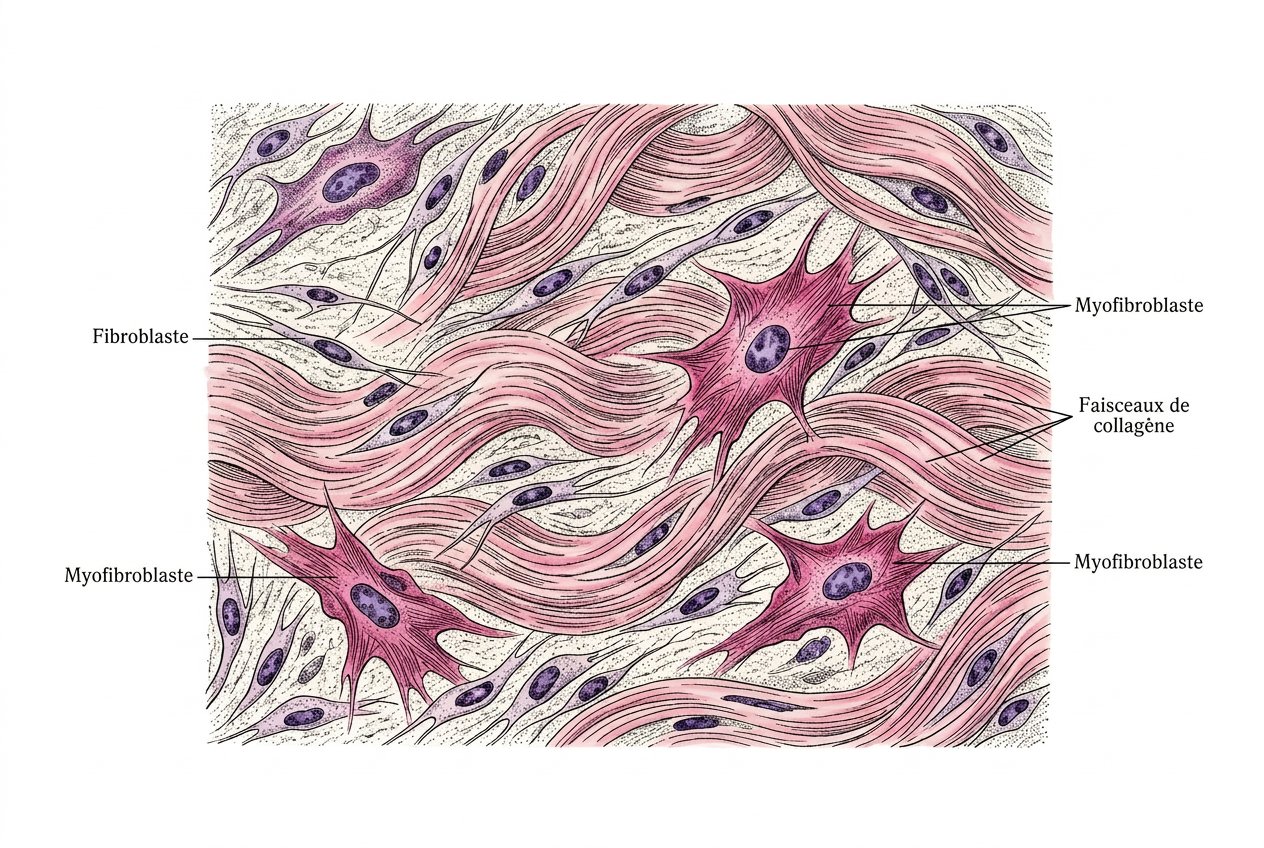 Vue microscopique stylisée de fibroblastes et myofibroblastes parmi des faisceaux de collagène.