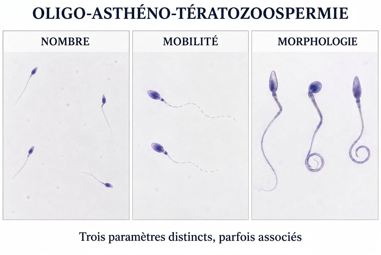 Planche illustrative séparant le nombre, la mobilité et la morphologie des spermatozoïdes ; exemples de formes atypiques dans le troisième volet.