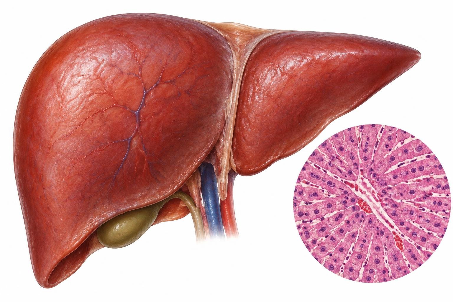 Planche anatomique réaliste du foie avec une vignette histologique évoquant les hépatocytes et les sinusoïdes.