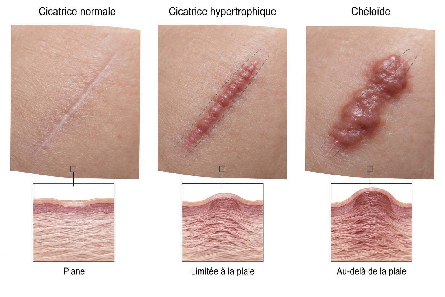Comparaison d’une cicatrice normale plane, d’une cicatrice hypertrophique limitée à la plaie et d’une chéloïde débordante, avec coupes du derme.