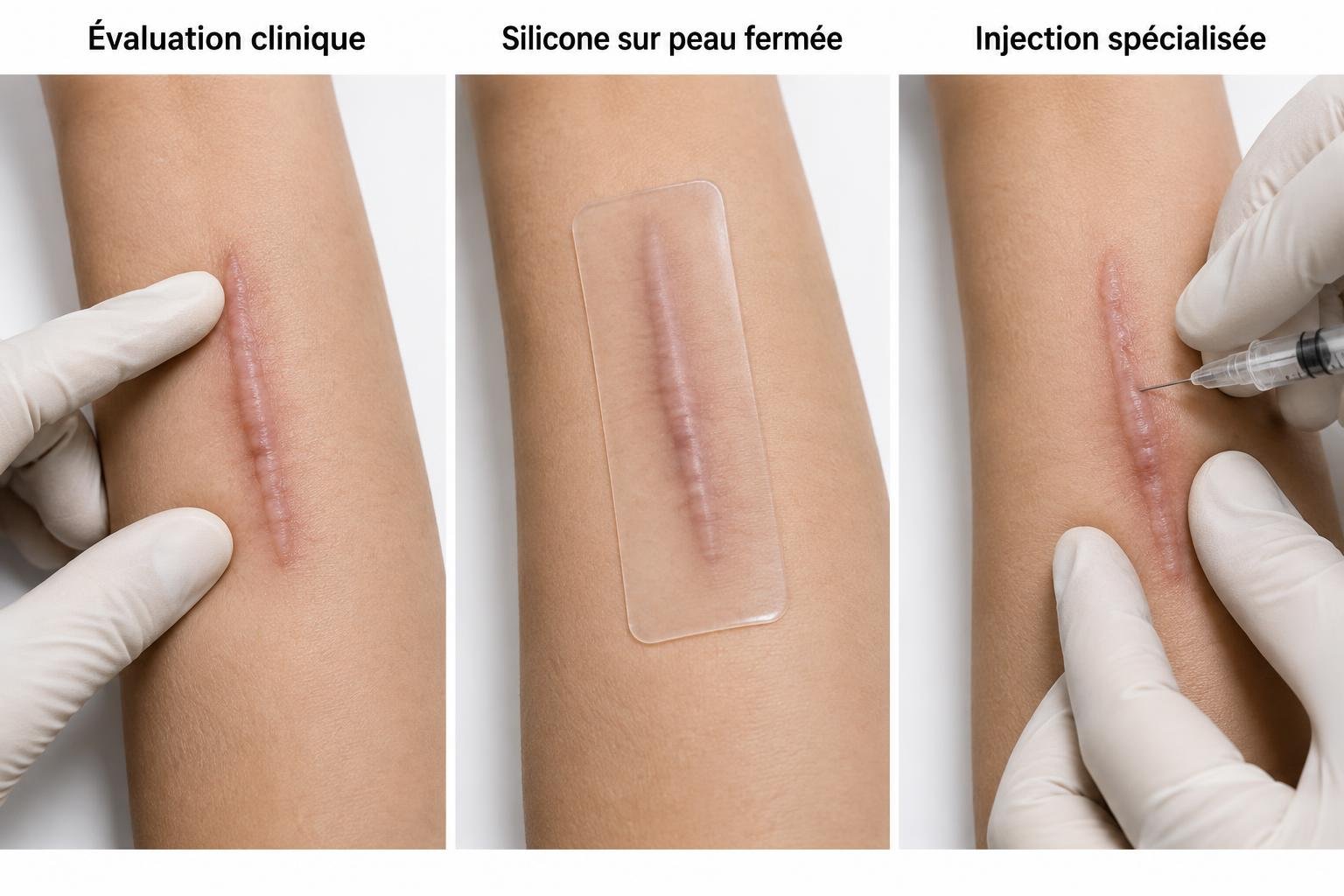 Trois illustrations réalistes : examen d’une cicatrice, plaque de silicone sur peau fermée et injection réalisée par un professionnel ganté.