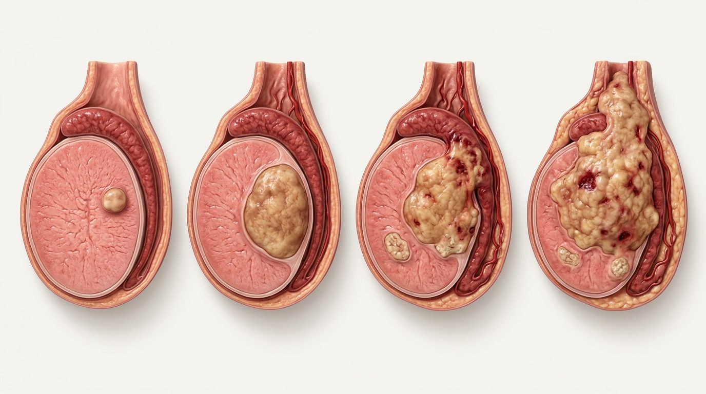 Progression tumorale testiculaire en quatre stades : nodule intratesticulaire, extension intratesticulaire, envahissement du cordon spermatique, envahissement scrotal.