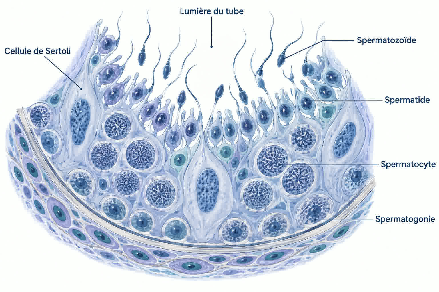 Coupe schématique d'un tube séminifère montrant les étapes de la spermatogenèse de la membrane basale vers la lumière : spermatogonies, spermatocytes, spermatides et spermatozoïdes, avec les cellules de Sertoli.