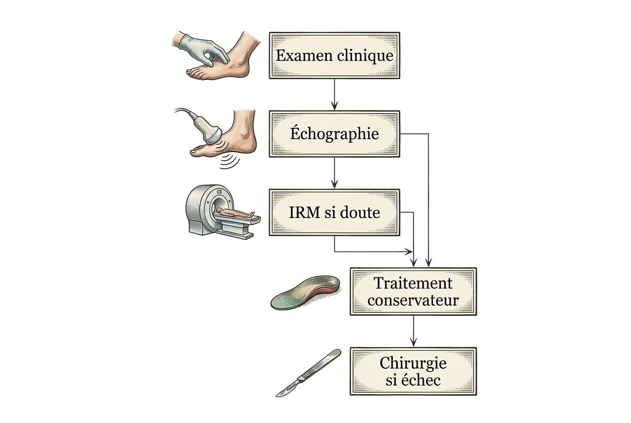 Parcours diagnostique et thérapeutique : examen clinique, échographie, IRM en cas de doute, traitement conservateur puis chirurgie en cas d’échec.