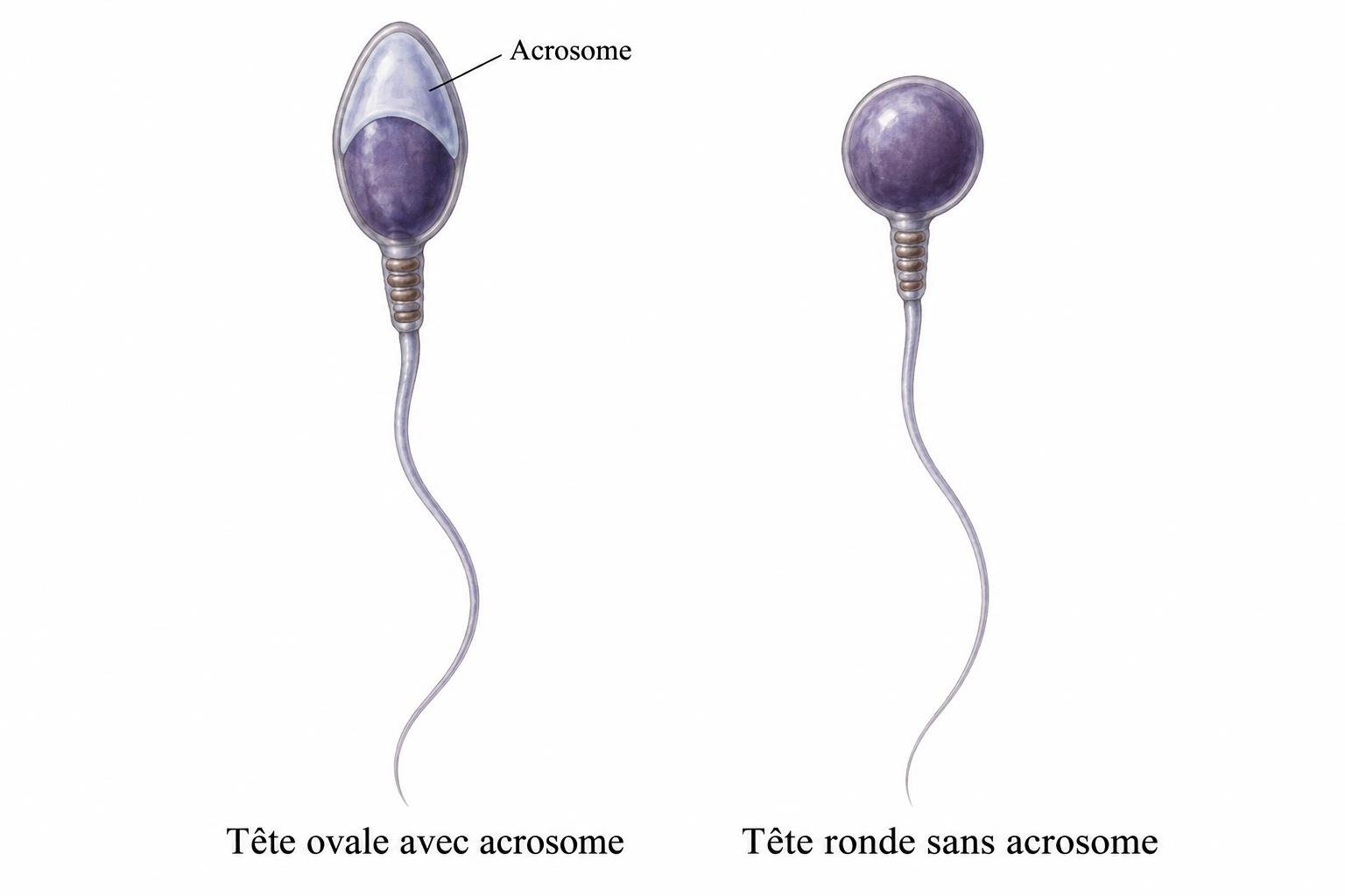 Comparaison illustrative d’une tête ovale avec acrosome et d’une tête ronde sans acrosome.