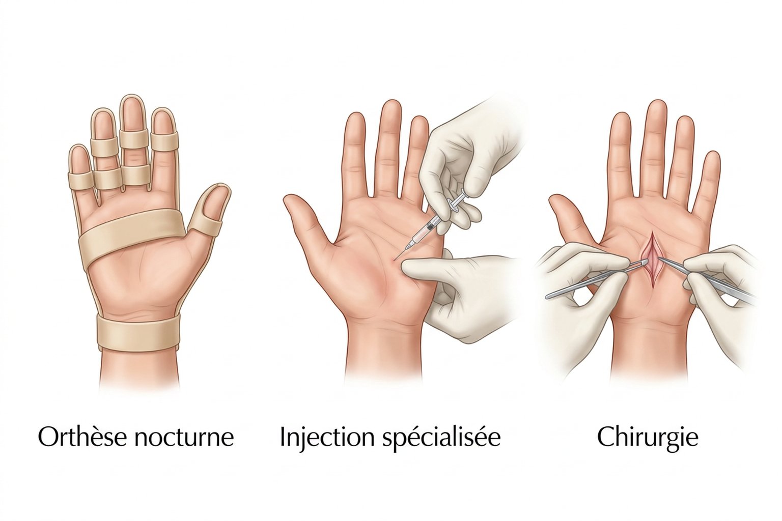 Trois vignettes cliniques : orthèse nocturne d’extension, injection spécialisée dans la paume et geste chirurgical sur la main.