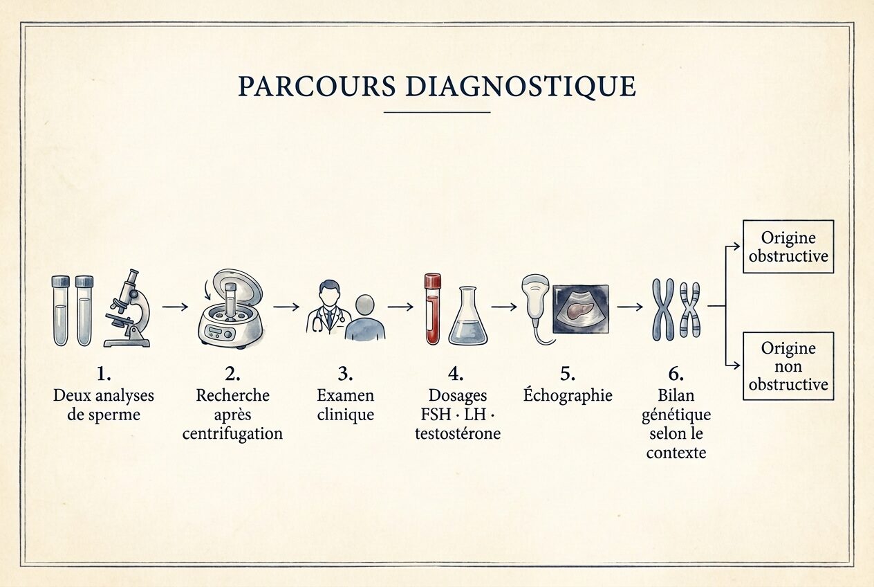Schéma du parcours diagnostique en six étapes illustrées : deux analyses de sperme, recherche après centrifugation, examen clinique, dosages hormonaux, échographie, bilan génétique, aboutissant à une origine obstructive ou non obstructive.