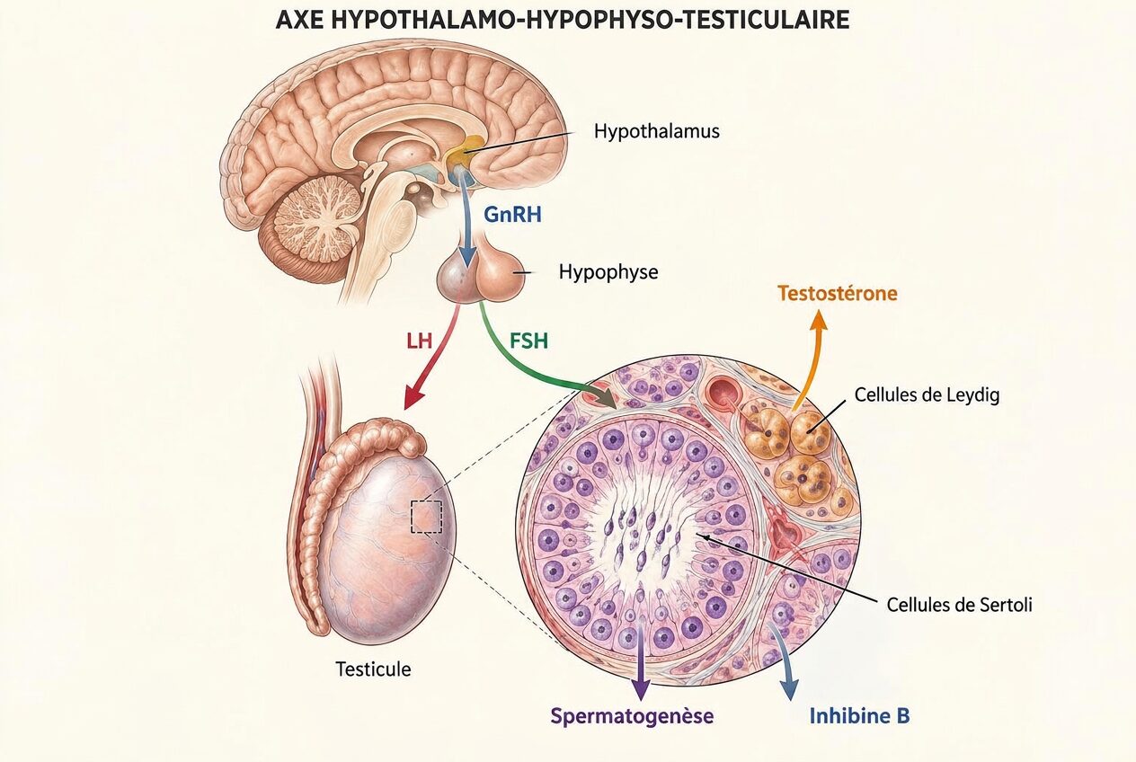 Planche de l'axe hormonal : hypothalamus et hypophyse dans le cerveau, flèches LH et FSH vers le testicule, détail d'un tube séminifère avec cellules de Sertoli, cellules de Leydig produisant la testostérone, spermatogenèse et inhibine B.