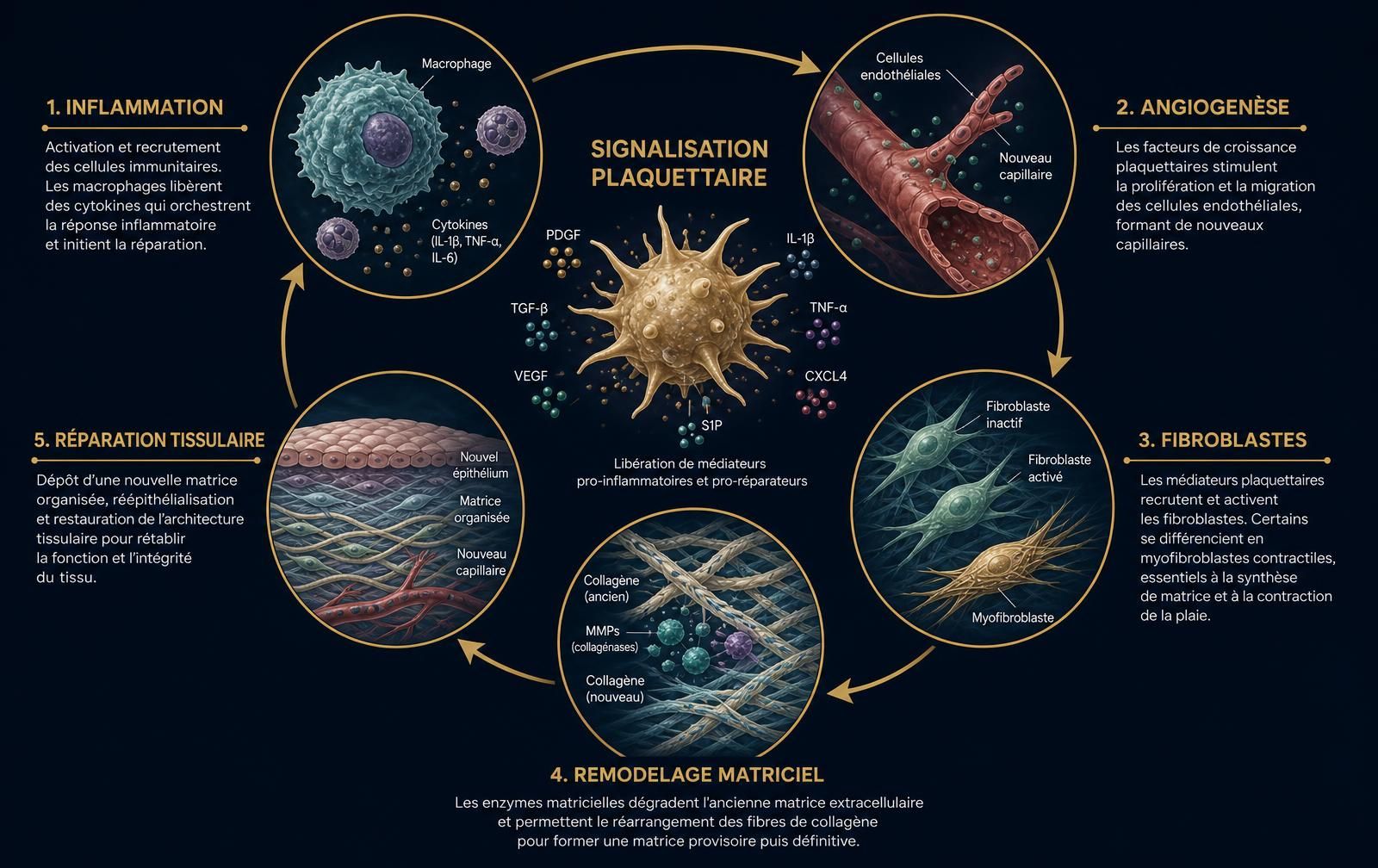 Illustration schématique des mécanismes étudiés du PRP : modulation de l'inflammation, remodelage du collagène, différenciation myofibroblastique et angiogenèse locale.