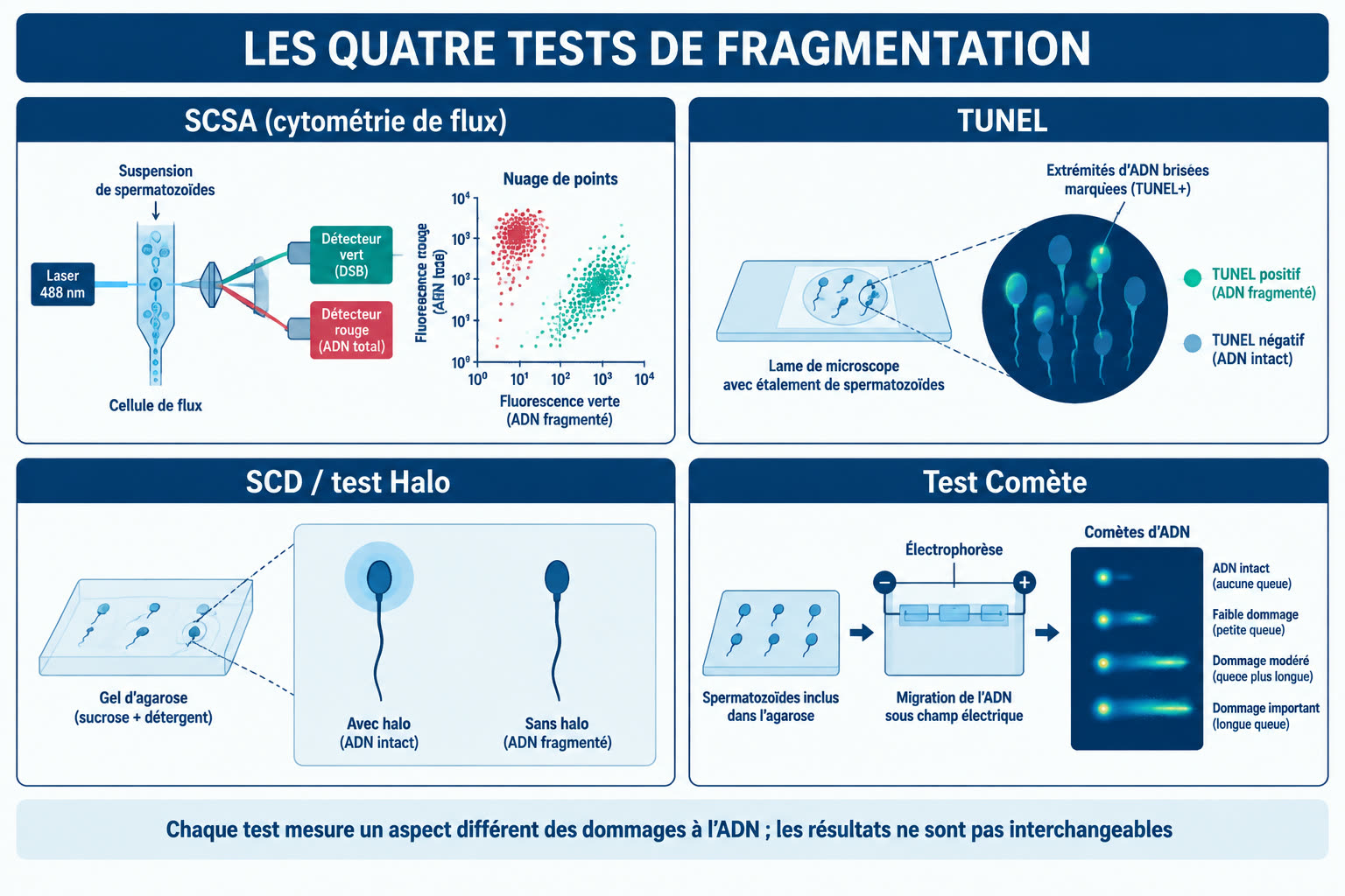 Infographie des quatre tests de fragmentation de l'ADN spermatique : SCSA par cytométrie de flux, TUNEL, test SCD ou Halo, et test comète par électrophorèse.