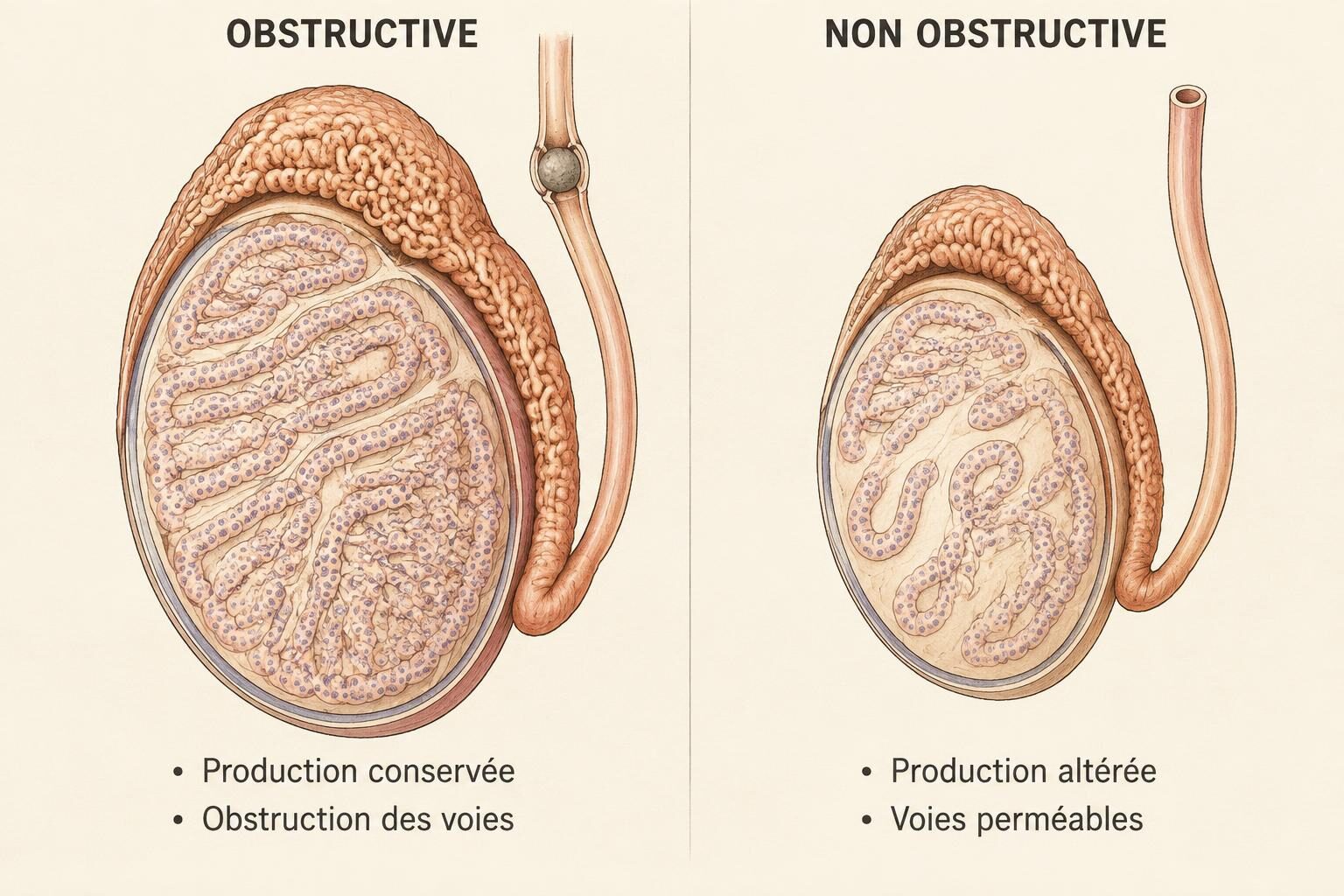 Deux testicules en coupe comparés : à gauche, testicule de taille normale aux tubes denses avec un obstacle sur le canal ; à droite, testicule plus petit aux tubes clairsemés et aux voies perméables.