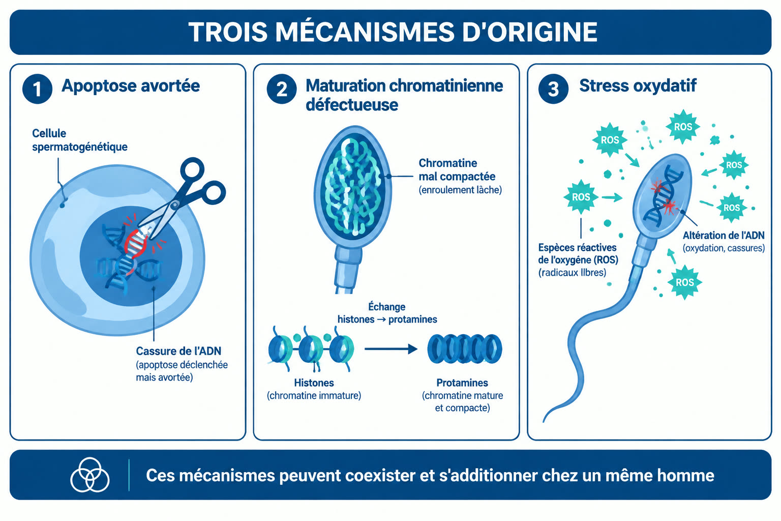 Infographie des trois mécanismes d'origine de la fragmentation de l'ADN spermatique : apoptose avortée, maturation chromatinienne défectueuse et stress oxydatif.
