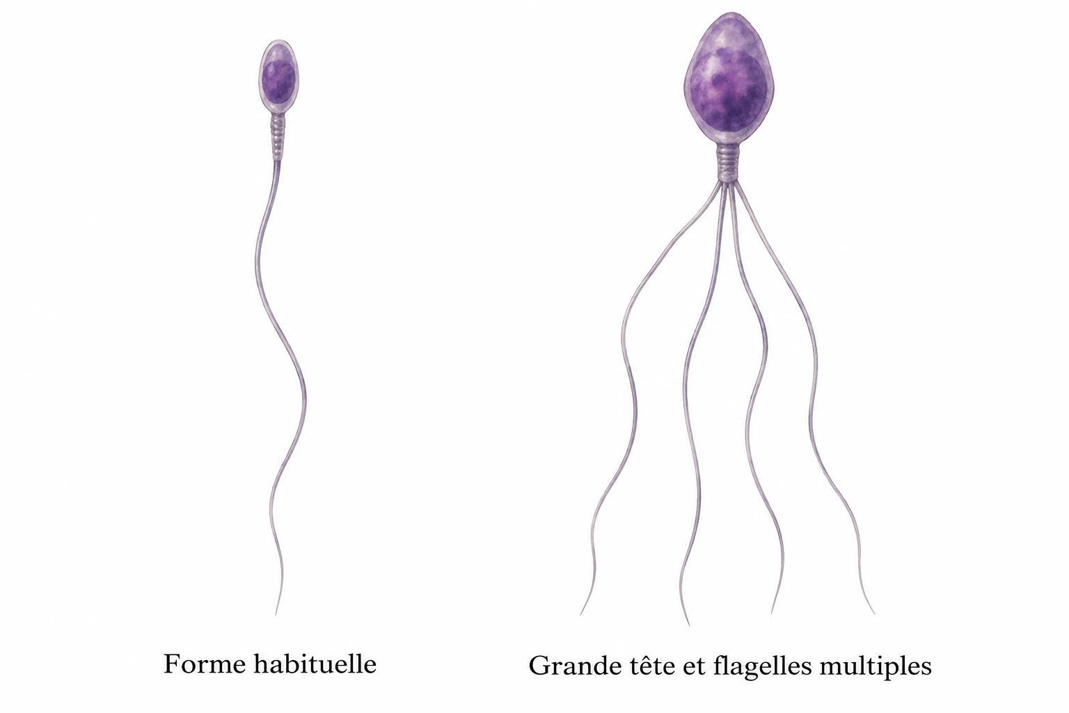 Cellule de forme habituelle comparée à une cellule à grande tête avec plusieurs flagelles.