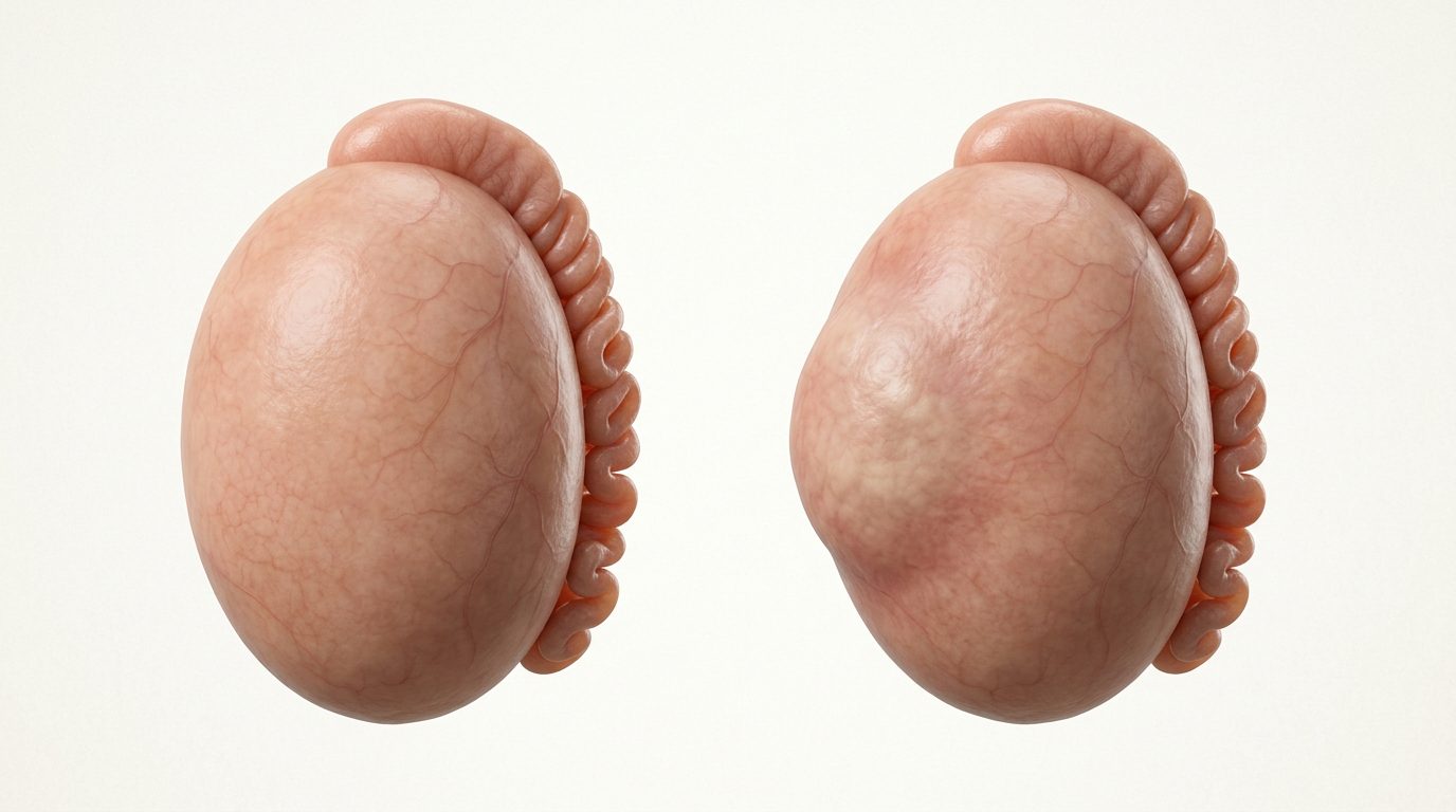 Comparaison entre un testicule sain à la surface régulière et un testicule présentant un nodule sous-capsulaire ferme distordant l'ovoïde.