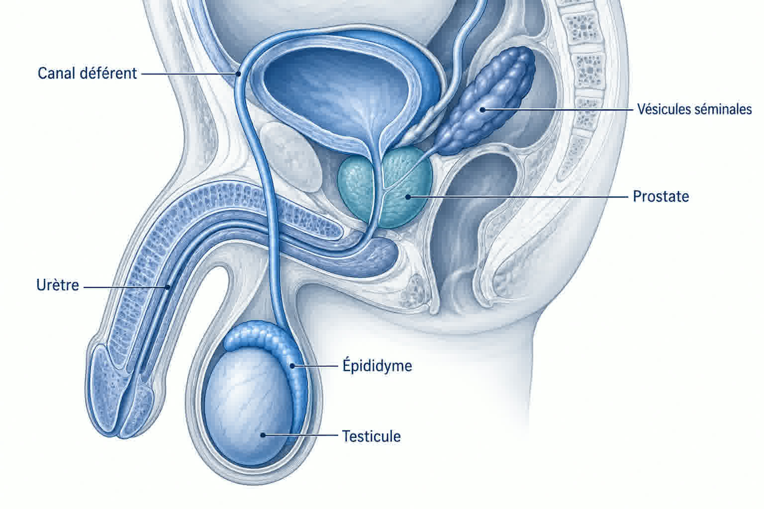 Planche anatomique de l'appareil reproducteur masculin en coupe sagittale : testicule, épididyme, canal déférent, vésicules séminales, prostate et urètre, avec leurs légendes.