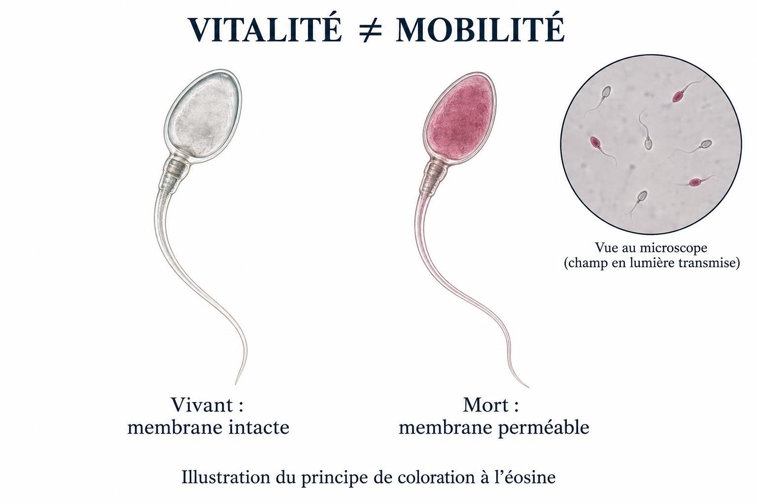 Principe illustré de coloration à l'éosine : spermatozoïde vivant non coloré et cellule morte dont la tête se colore.