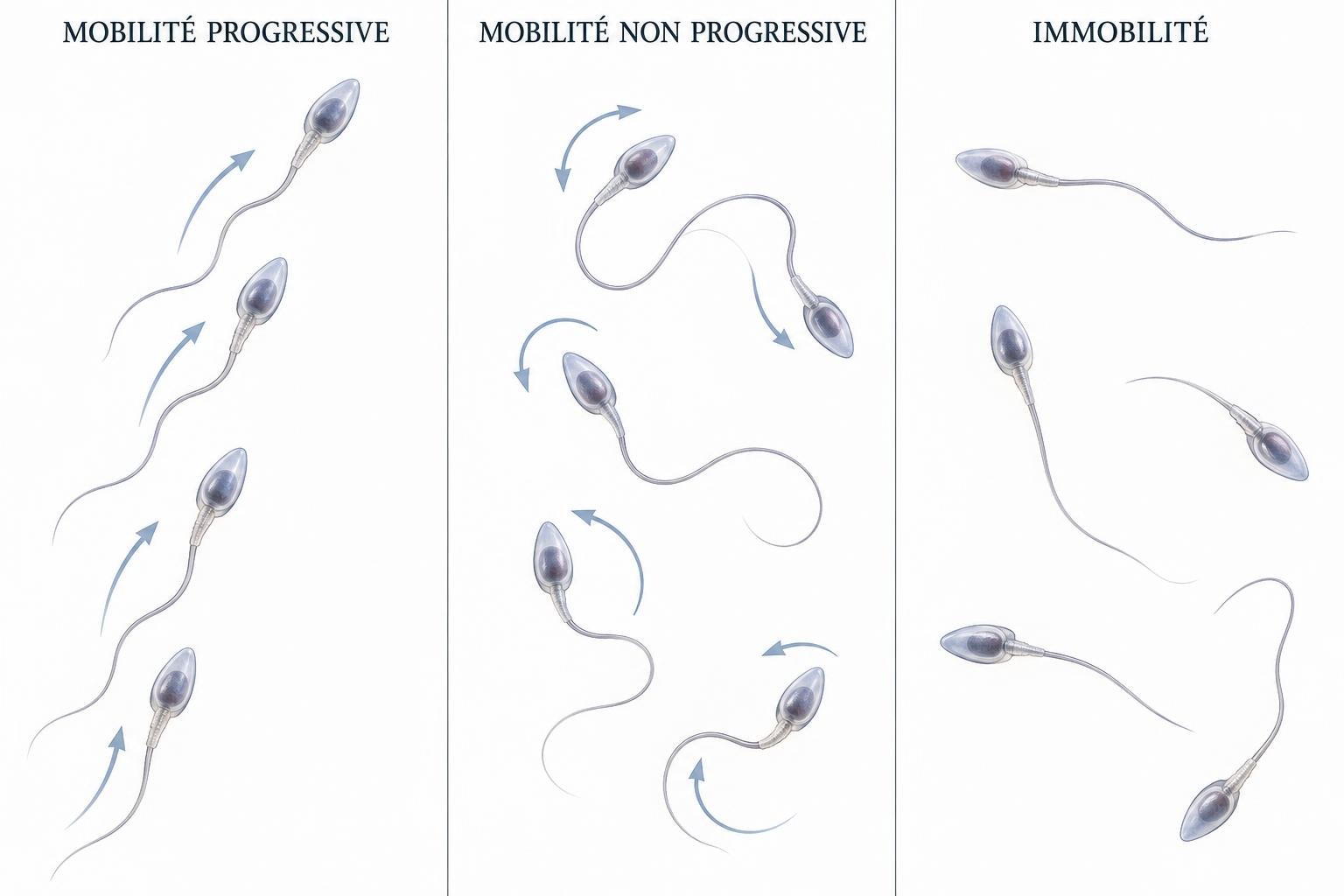 Trois panneaux illustrant des trajectoires progressives, des mouvements locaux et une absence de mouvement des spermatozoïdes.