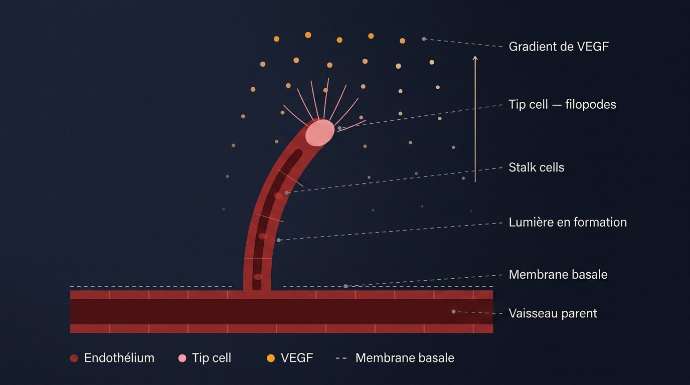 Schéma d'un bourgeon capillaire cicatriciel : tip cell, filopodes, stalk cells, lumière en formation, membrane basale et vaisseau parent, guidé par un gradient de VEGF