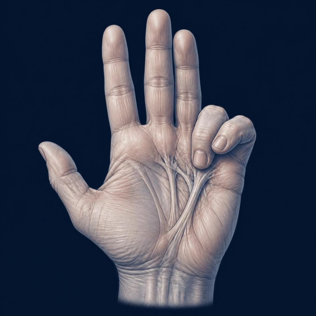 Main avec rétraction sévère des 4ᵉ et 5ᵉ doigts fléchis vers la paume par la corde fibreuse de Dupuytren.