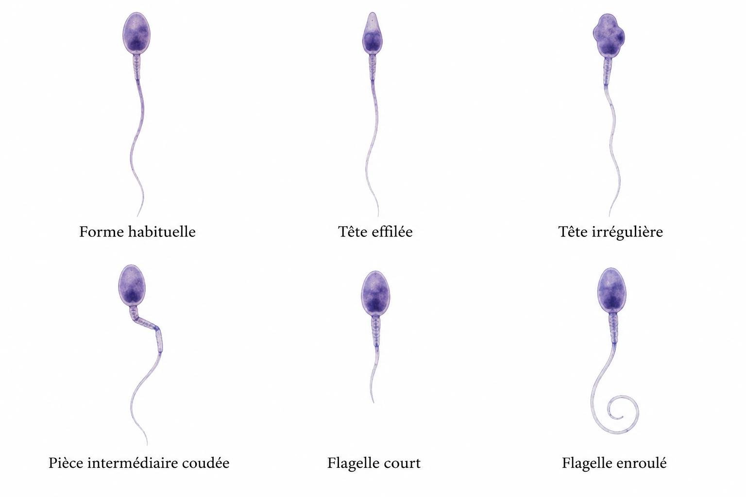 Exemples de tête effilée ou irrégulière, pièce intermédiaire coudée et flagelles court ou enroulé.