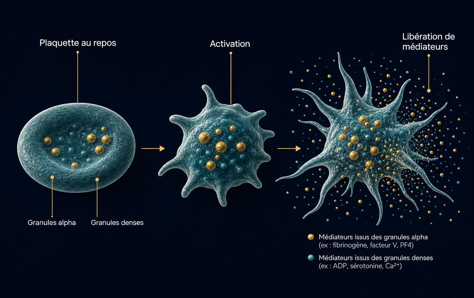 Illustration médicale de l'activation plaquettaire : plaquette changeant de forme et libérant les facteurs de croissance contenus dans ses granules alpha.