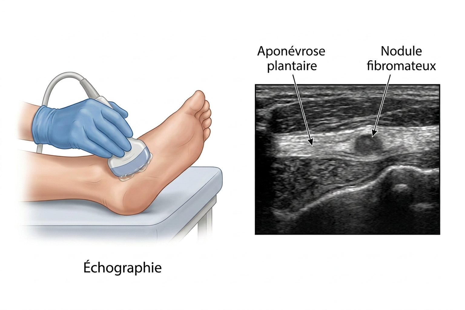 Échographie illustrée de l’aponévrose plantaire : sonde posée sur la plante du pied et image montrant un nodule fibromateux hypoéchogène.