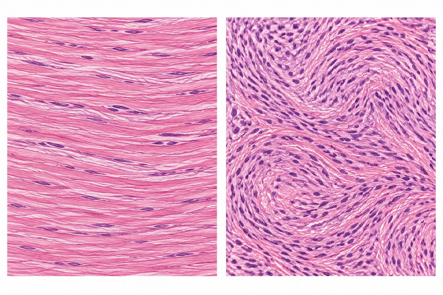 Illustration histologique comparative : faisceaux collagènes organisés à gauche et nodules à forte cellularité en tourbillons à droite.