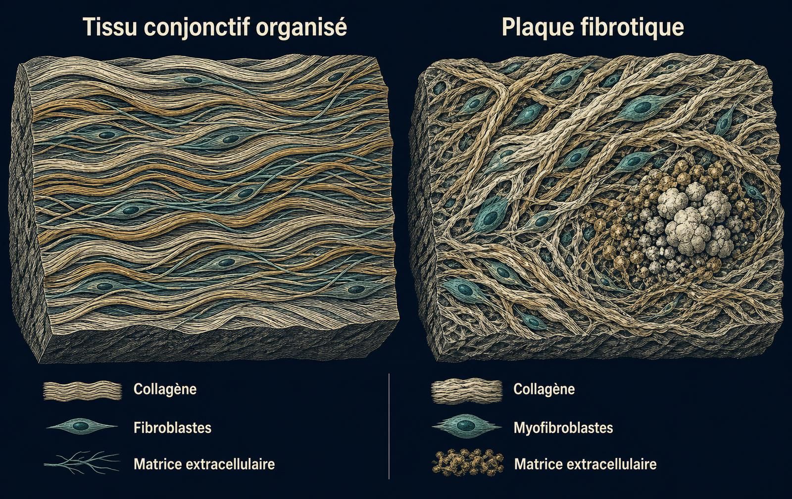 Illustration médicale comparant une tunique albuginée saine, aux fibres régulières, et une tunique albuginée porteuse d'une plaque fibreuse désorganisée.