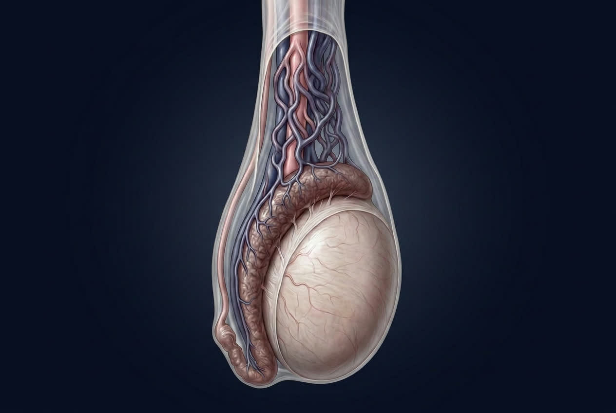 Anatomie externe du testicule : tunique albuginée, épididyme (tête, corps, queue) et cordon spermatique avec artère testiculaire et plexus pampiniforme.