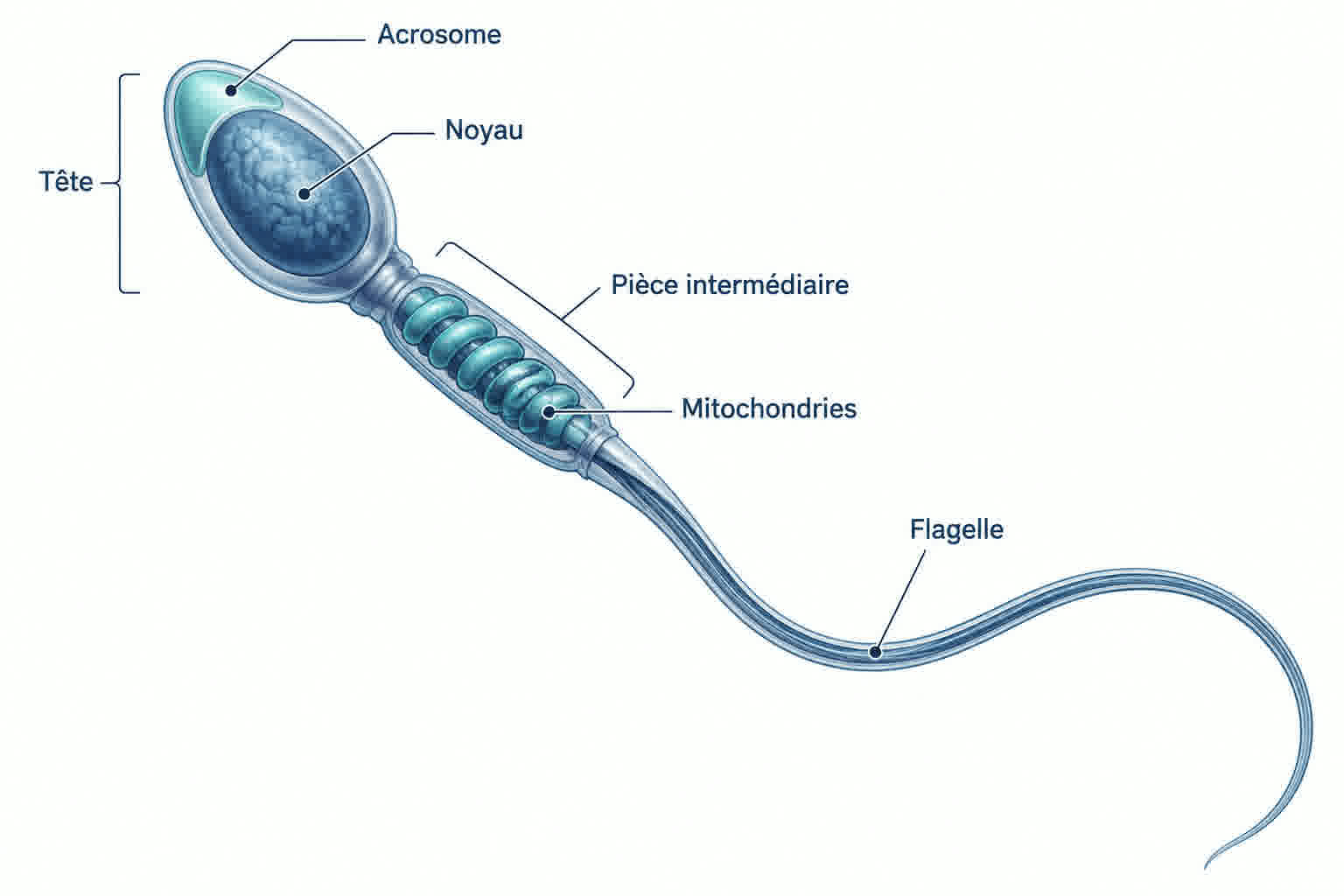 Schéma détaillé d'un spermatozoïde humain : tête avec acrosome et noyau, pièce intermédiaire avec ses mitochondries en spirale, et long flagelle.