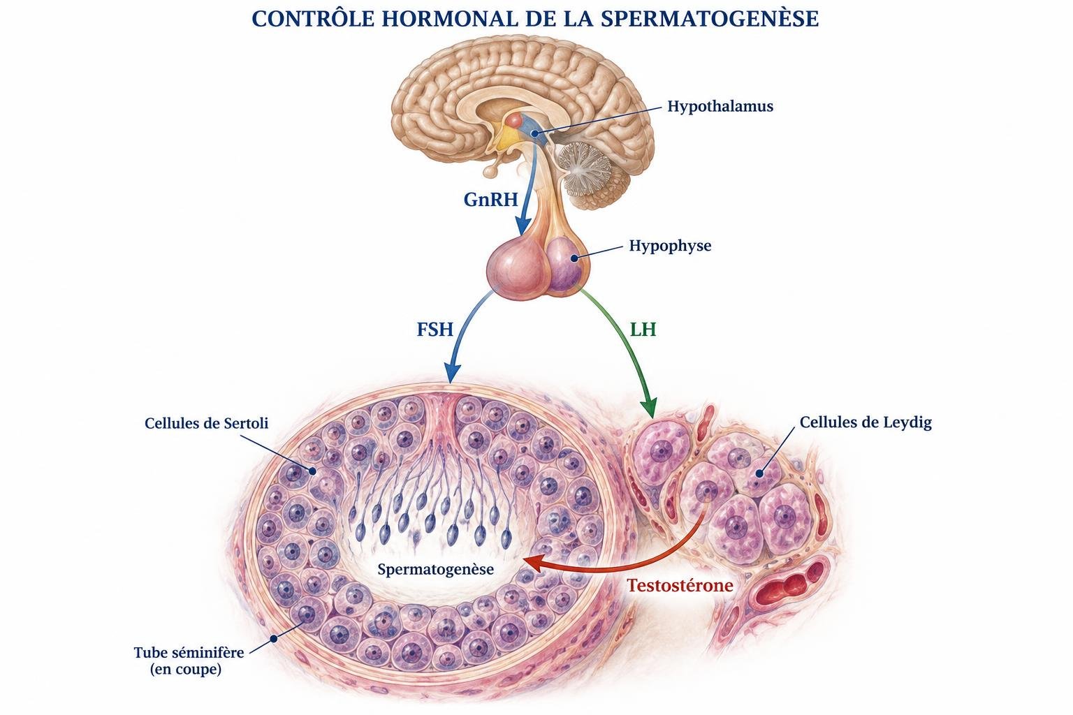 Planche du contrôle hormonal : GnRH entre hypothalamus et hypophyse, FSH vers les cellules de Sertoli, LH vers les cellules de Leydig et testostérone vers le tube séminifère.