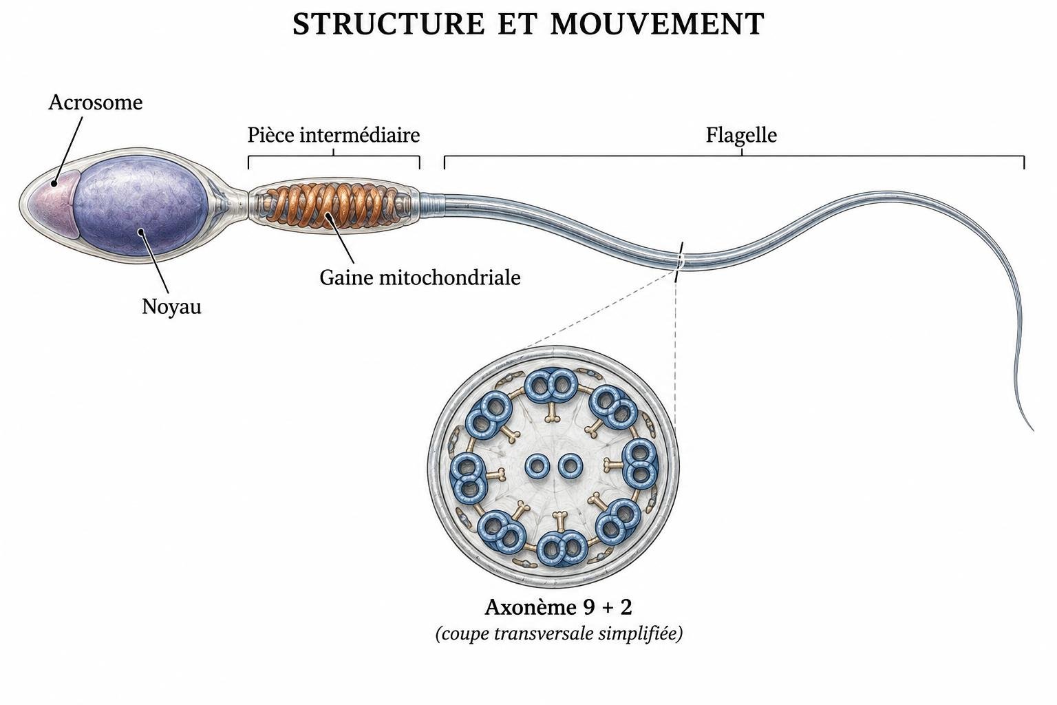 Planche anatomique d'un spermatozoïde avec acrosome, noyau, pièce intermédiaire, gaine mitochondriale et coupe simplifiée de l'axonème 9 + 2.
